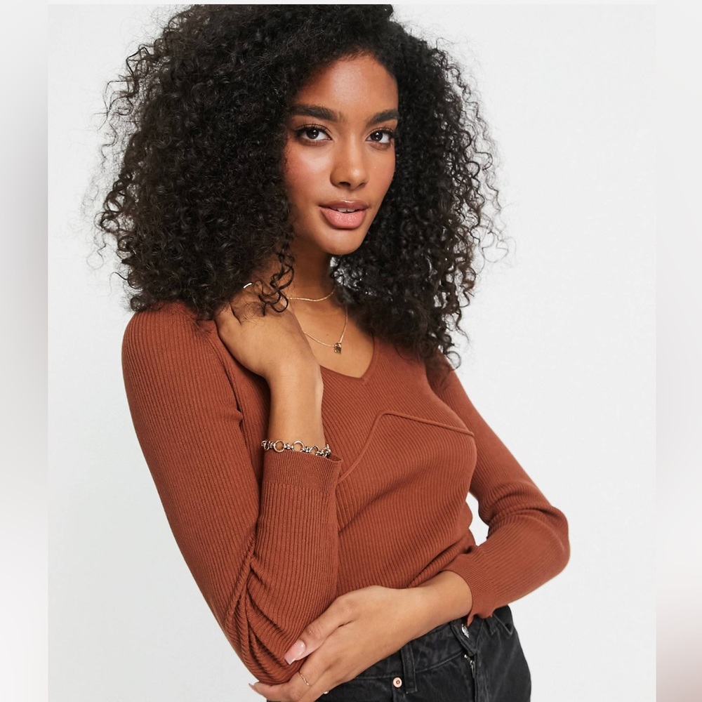 ASOS DESIGN ribbed knitted top with corset detail in brown